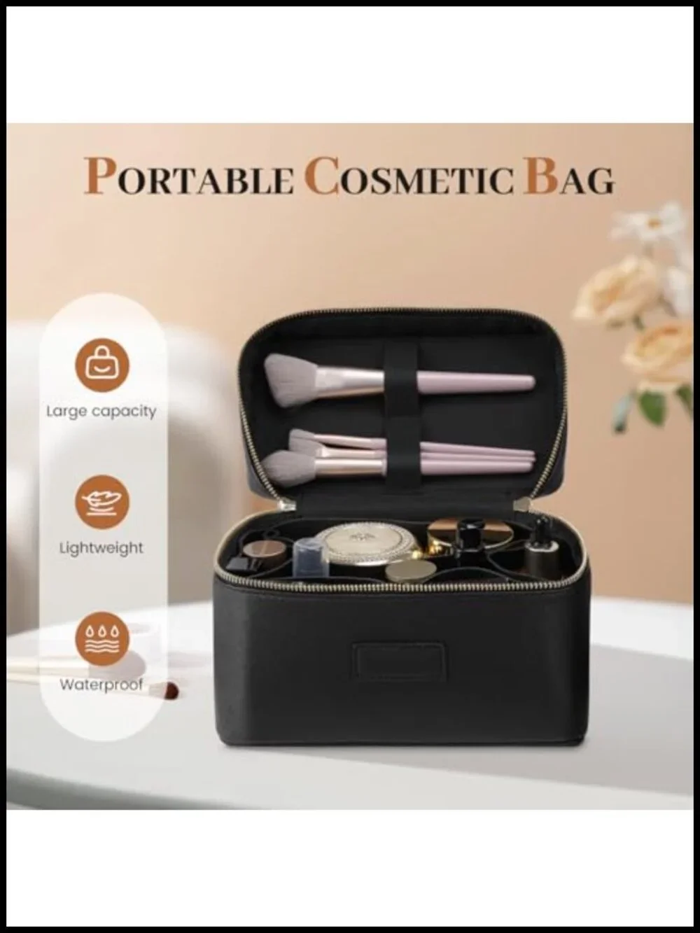 Waterproof PU Leather Travel Makeup Bag with Removable Organizer Divider